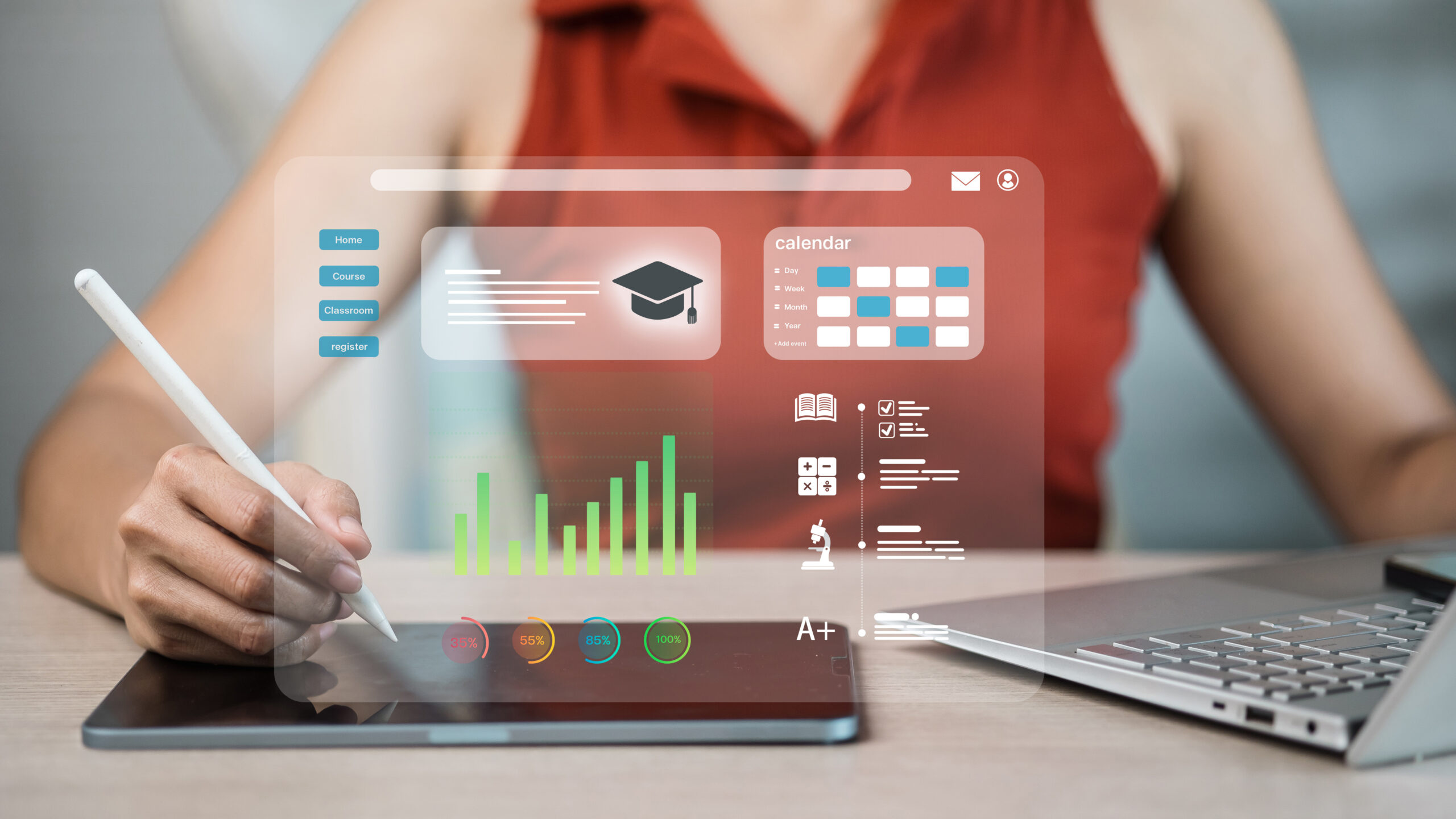 Close-up of a woman using a on tablet with holographic LMS dashboard, calendar and analytics.